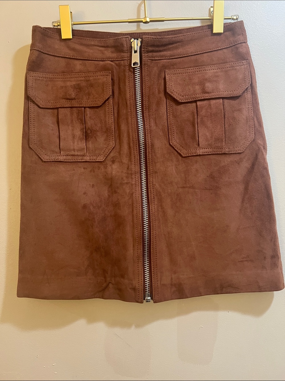 AllSaints Brown Suede Front-Zip Pocket Mini Skirt